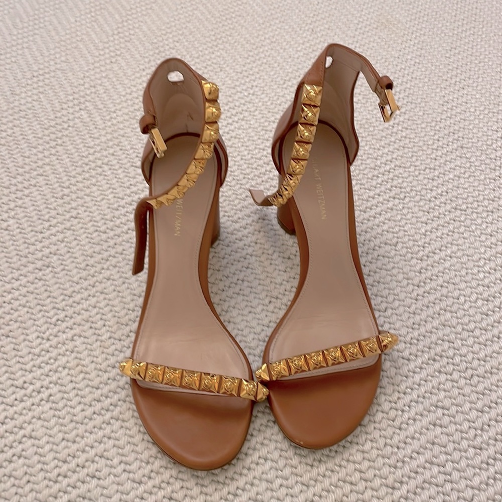 Stuart Weitzman Brown Leather Gold Stud Sandals